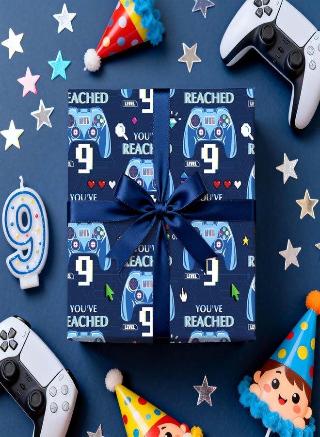 LeZakaa 9th Birthday Wrapping Paper Roll for Kids Boys, Level 9 Game Controller & Pixel Icons Blue Age9 Birthday Gift Wrap, Gamer Party Decorations, Mini Roll 17 in x 16.4 Ft - Image 5